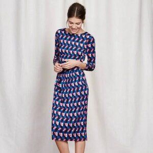 Boden Blue Pink Geometric Print Ruched Waist Jersey Sheath Dress – Size 2